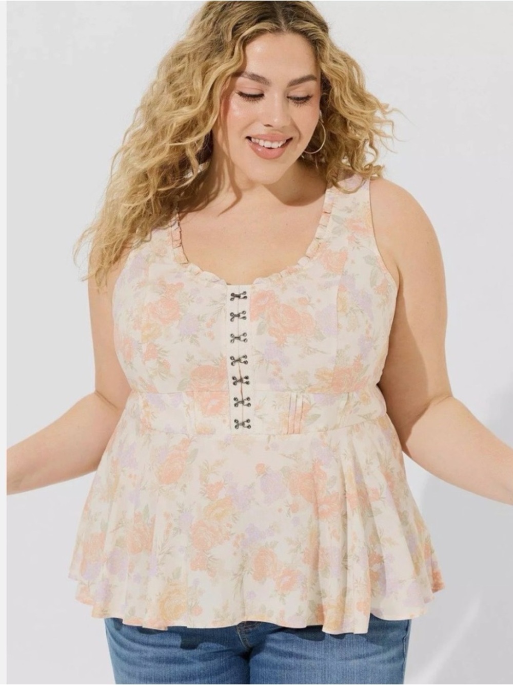 Torrid floral corset tank top blouse peach flowy lightweight renaissance